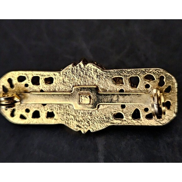 Vintage Bar Brooch Gold Tone Faux Pearl Stone Estate Piece 1.25" EUC - Picture 4 of 9